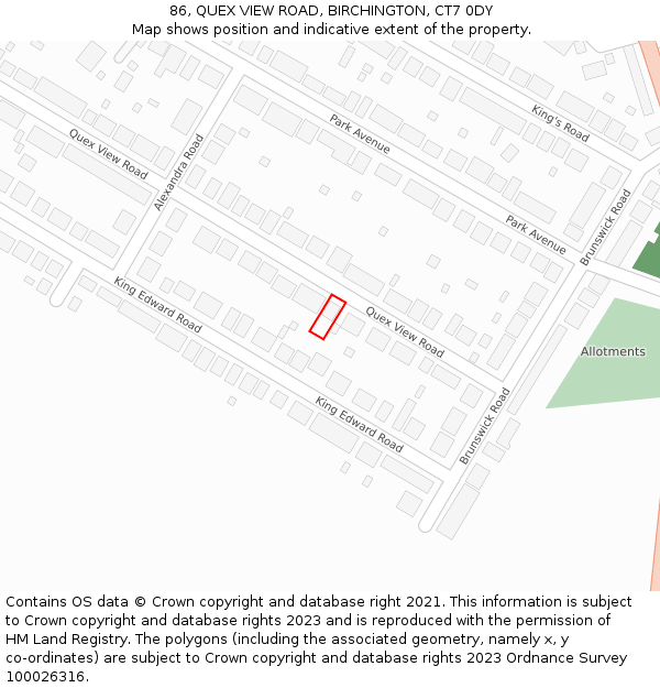 86, QUEX VIEW ROAD, BIRCHINGTON, CT7 0DY: Location map and indicative extent of plot