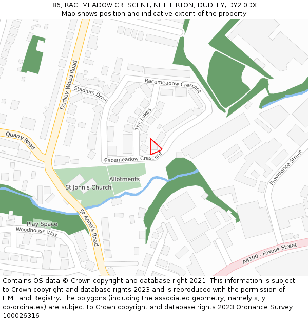 86, RACEMEADOW CRESCENT, NETHERTON, DUDLEY, DY2 0DX: Location map and indicative extent of plot