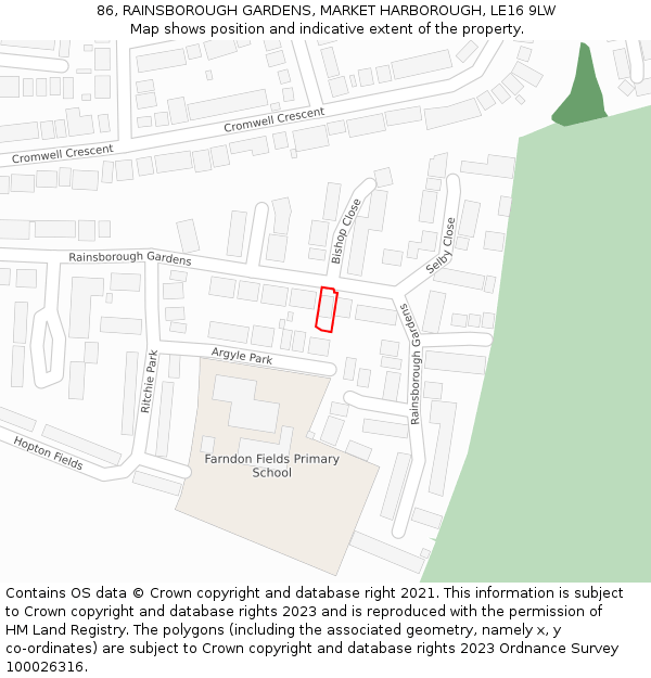 86, RAINSBOROUGH GARDENS, MARKET HARBOROUGH, LE16 9LW: Location map and indicative extent of plot