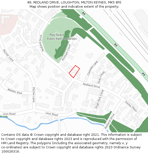 86, REDLAND DRIVE, LOUGHTON, MILTON KEYNES, MK5 8FE: Location map and indicative extent of plot