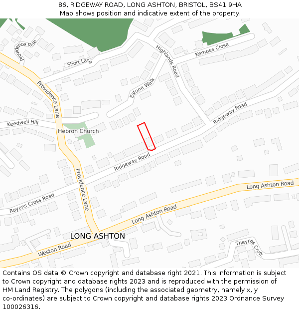 86, RIDGEWAY ROAD, LONG ASHTON, BRISTOL, BS41 9HA: Location map and indicative extent of plot