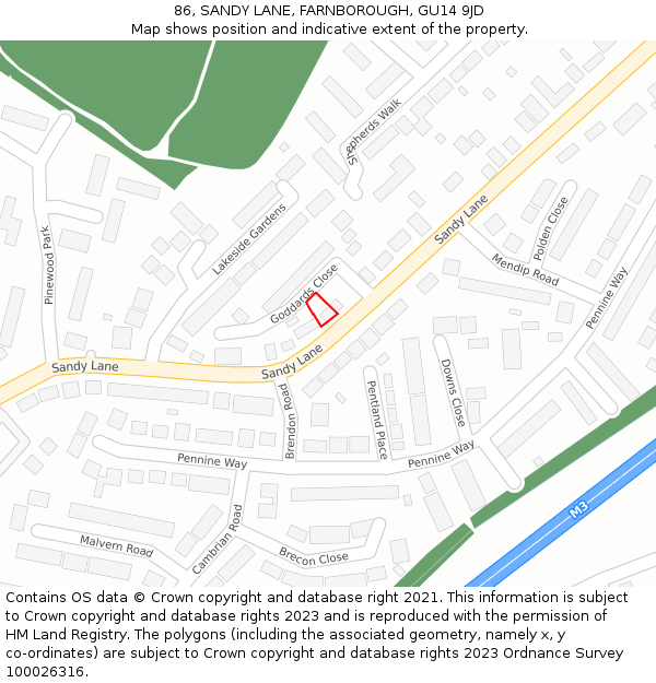 86, SANDY LANE, FARNBOROUGH, GU14 9JD: Location map and indicative extent of plot