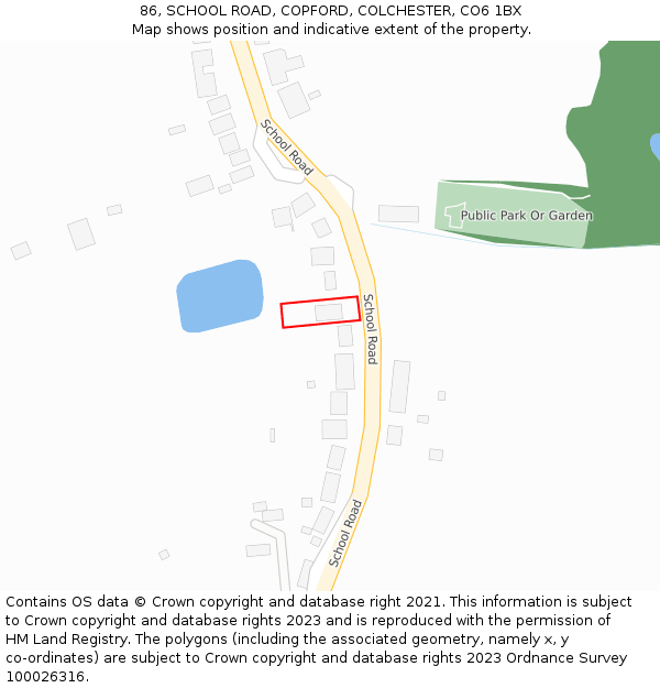 86, SCHOOL ROAD, COPFORD, COLCHESTER, CO6 1BX: Location map and indicative extent of plot