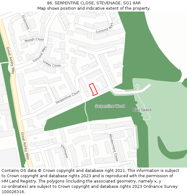 86, SERPENTINE CLOSE, STEVENAGE, SG1 6AR: Location map and indicative extent of plot