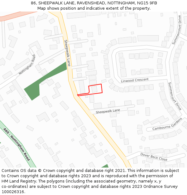 86, SHEEPWALK LANE, RAVENSHEAD, NOTTINGHAM, NG15 9FB: Location map and indicative extent of plot