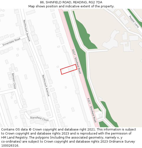 86, SHINFIELD ROAD, READING, RG2 7DA: Location map and indicative extent of plot