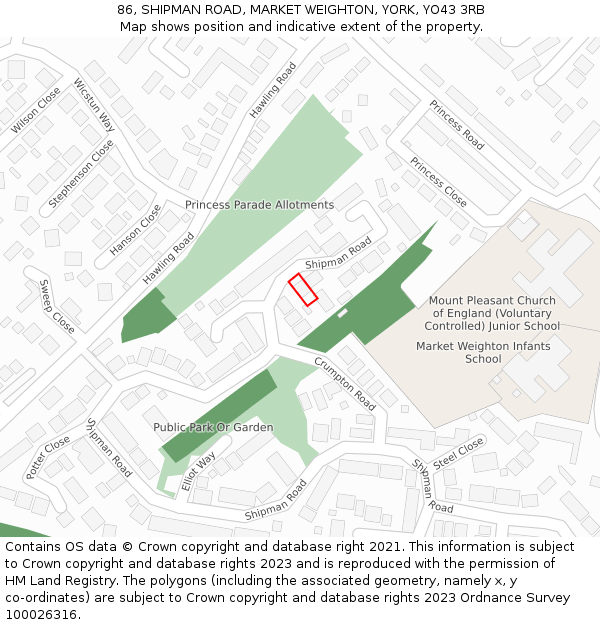 86, SHIPMAN ROAD, MARKET WEIGHTON, YORK, YO43 3RB: Location map and indicative extent of plot