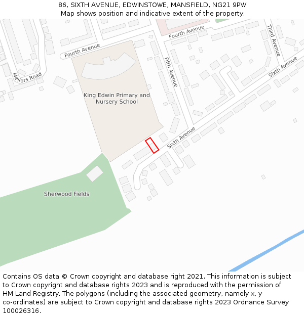 86, SIXTH AVENUE, EDWINSTOWE, MANSFIELD, NG21 9PW: Location map and indicative extent of plot