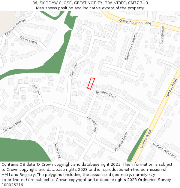 86, SKIDDAW CLOSE, GREAT NOTLEY, BRAINTREE, CM77 7UR: Location map and indicative extent of plot
