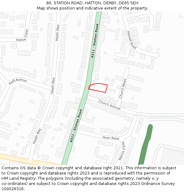 86, STATION ROAD, HATTON, DERBY, DE65 5EH: Location map and indicative extent of plot