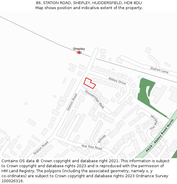 86, STATION ROAD, SHEPLEY, HUDDERSFIELD, HD8 8DU: Location map and indicative extent of plot