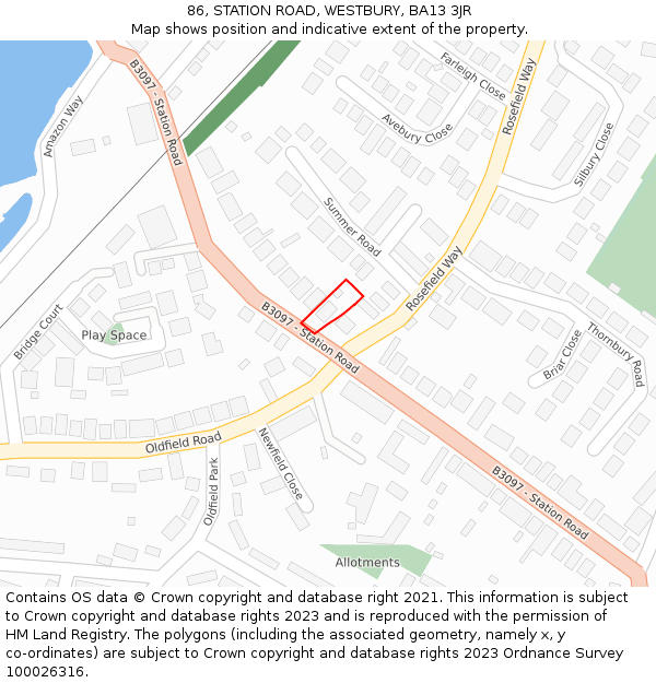 86, STATION ROAD, WESTBURY, BA13 3JR: Location map and indicative extent of plot