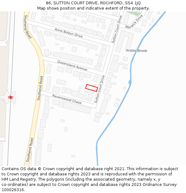 86, SUTTON COURT DRIVE, ROCHFORD, SS4 1JQ: Location map and indicative extent of plot