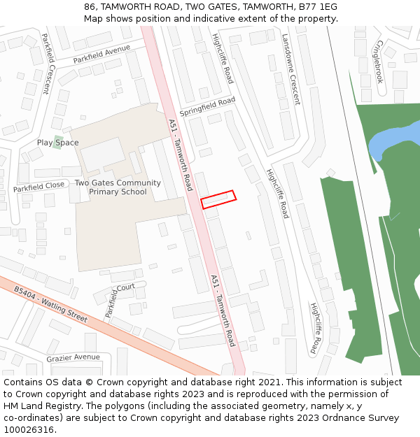 86, TAMWORTH ROAD, TWO GATES, TAMWORTH, B77 1EG: Location map and indicative extent of plot