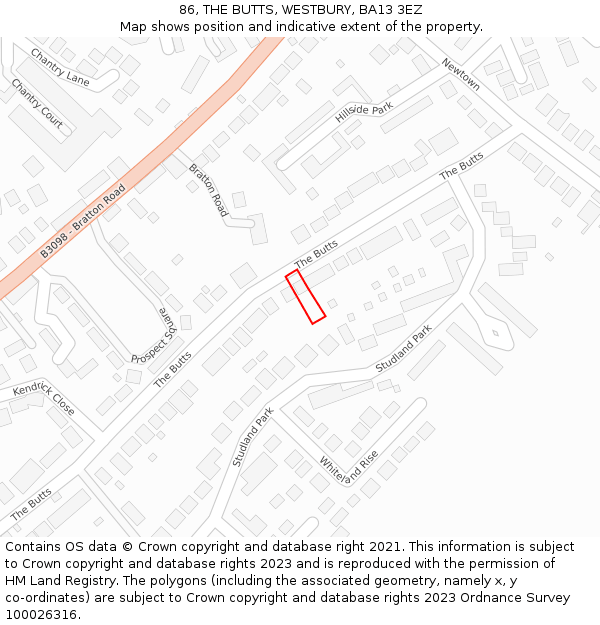 86, THE BUTTS, WESTBURY, BA13 3EZ: Location map and indicative extent of plot