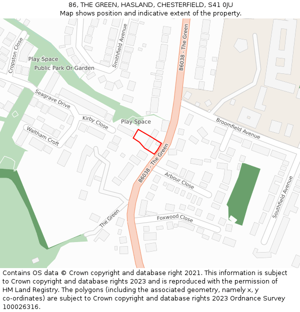 86, THE GREEN, HASLAND, CHESTERFIELD, S41 0JU: Location map and indicative extent of plot