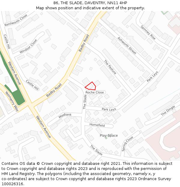 86, THE SLADE, DAVENTRY, NN11 4HP: Location map and indicative extent of plot