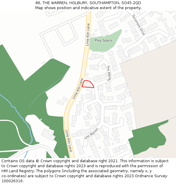 86, THE WARREN, HOLBURY, SOUTHAMPTON, SO45 2QD: Location map and indicative extent of plot