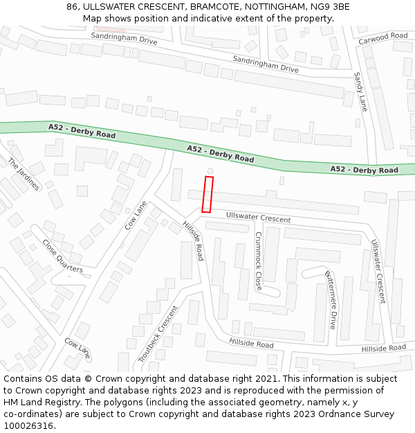 86, ULLSWATER CRESCENT, BRAMCOTE, NOTTINGHAM, NG9 3BE: Location map and indicative extent of plot