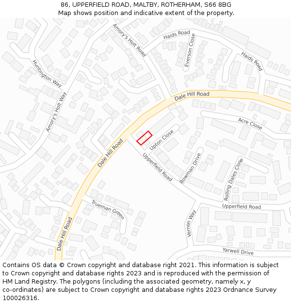 86, UPPERFIELD ROAD, MALTBY, ROTHERHAM, S66 8BG: Location map and indicative extent of plot