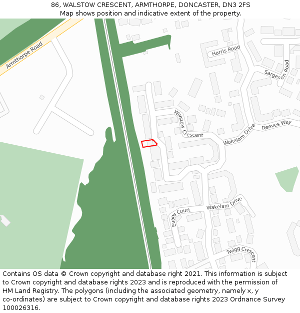 86, WALSTOW CRESCENT, ARMTHORPE, DONCASTER, DN3 2FS: Location map and indicative extent of plot
