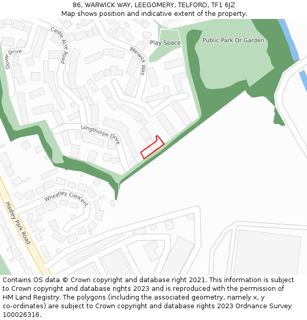 86, WARWICK WAY, LEEGOMERY, TELFORD, TF1 6JZ: Location map and indicative extent of plot