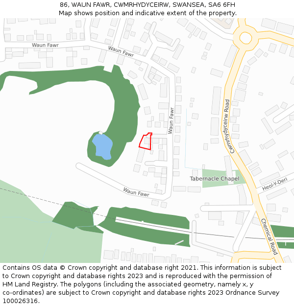 86, WAUN FAWR, CWMRHYDYCEIRW, SWANSEA, SA6 6FH: Location map and indicative extent of plot