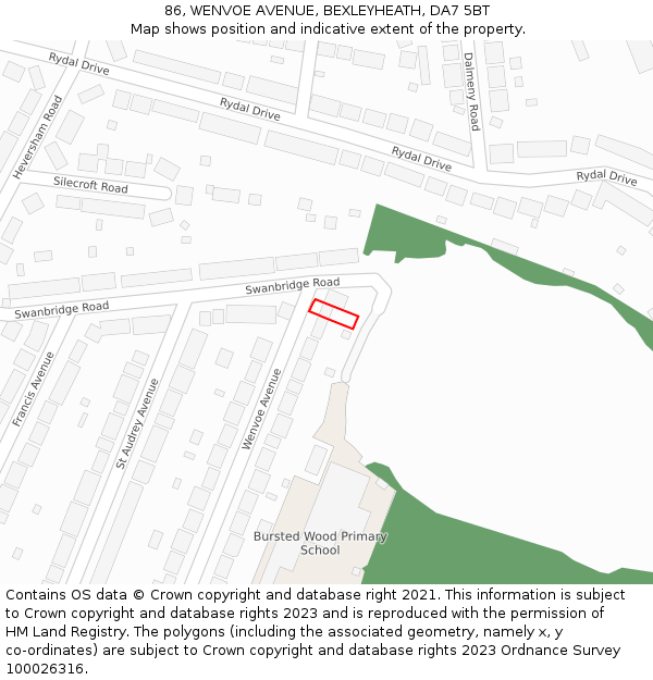 86, WENVOE AVENUE, BEXLEYHEATH, DA7 5BT: Location map and indicative extent of plot