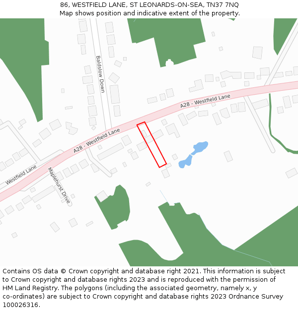 86, WESTFIELD LANE, ST LEONARDS-ON-SEA, TN37 7NQ: Location map and indicative extent of plot