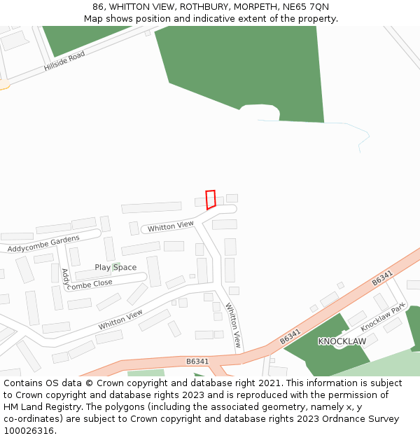 86, WHITTON VIEW, ROTHBURY, MORPETH, NE65 7QN: Location map and indicative extent of plot