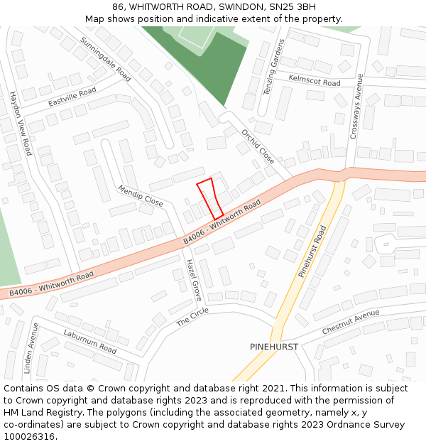 86, WHITWORTH ROAD, SWINDON, SN25 3BH: Location map and indicative extent of plot