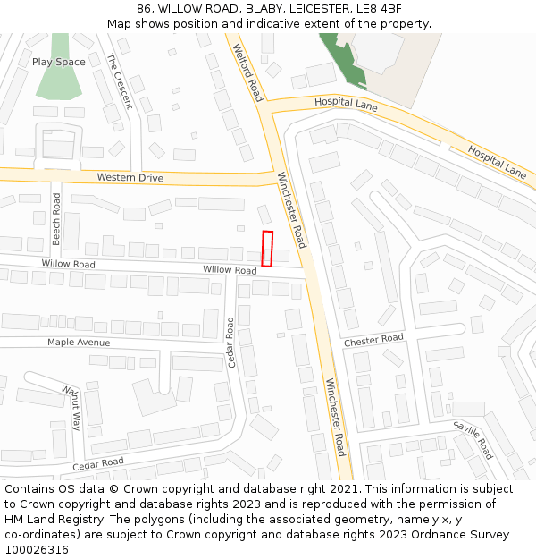 86, WILLOW ROAD, BLABY, LEICESTER, LE8 4BF: Location map and indicative extent of plot