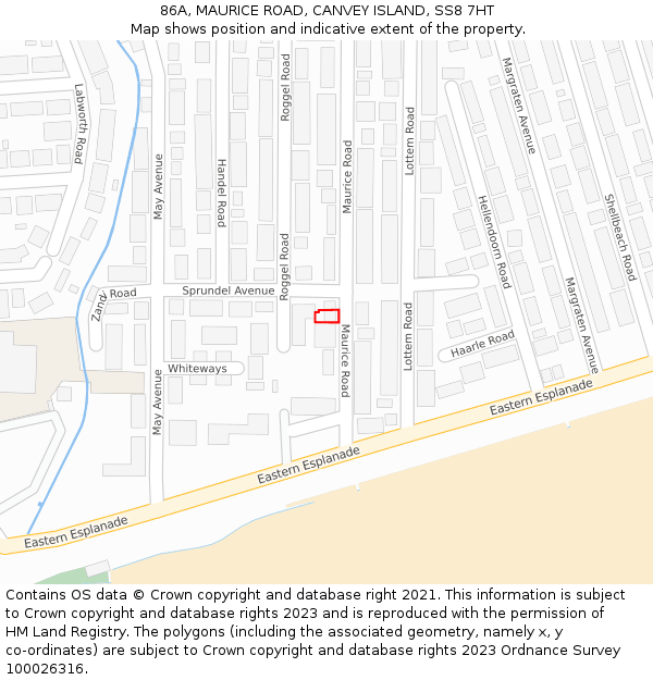 86A, MAURICE ROAD, CANVEY ISLAND, SS8 7HT: Location map and indicative extent of plot