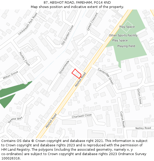 87, ABSHOT ROAD, FAREHAM, PO14 4ND: Location map and indicative extent of plot