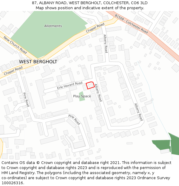 87, ALBANY ROAD, WEST BERGHOLT, COLCHESTER, CO6 3LD: Location map and indicative extent of plot