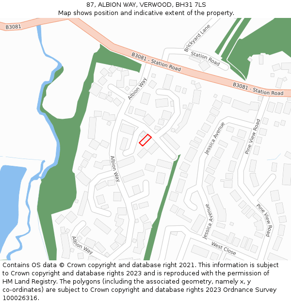 87, ALBION WAY, VERWOOD, BH31 7LS: Location map and indicative extent of plot