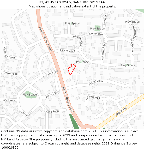 87, ASHMEAD ROAD, BANBURY, OX16 1AA: Location map and indicative extent of plot