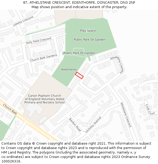 87, ATHELSTANE CRESCENT, EDENTHORPE, DONCASTER, DN3 2NF: Location map and indicative extent of plot