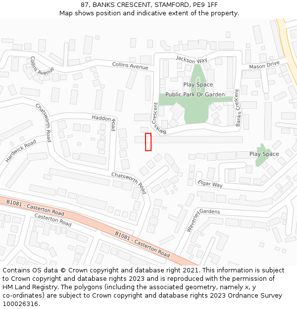 87, BANKS CRESCENT, STAMFORD, PE9 1FF: Location map and indicative extent of plot