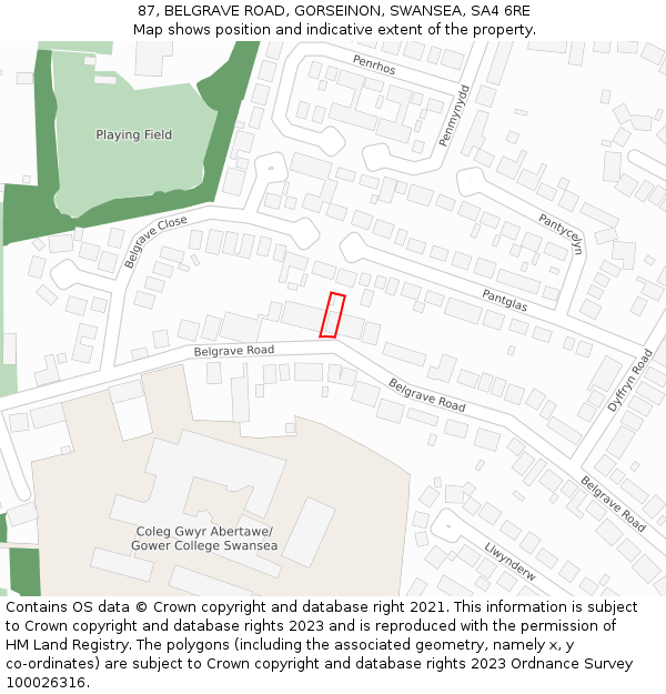 87, BELGRAVE ROAD, GORSEINON, SWANSEA, SA4 6RE: Location map and indicative extent of plot