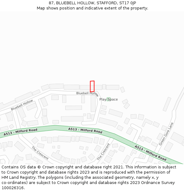 87, BLUEBELL HOLLOW, STAFFORD, ST17 0JP: Location map and indicative extent of plot