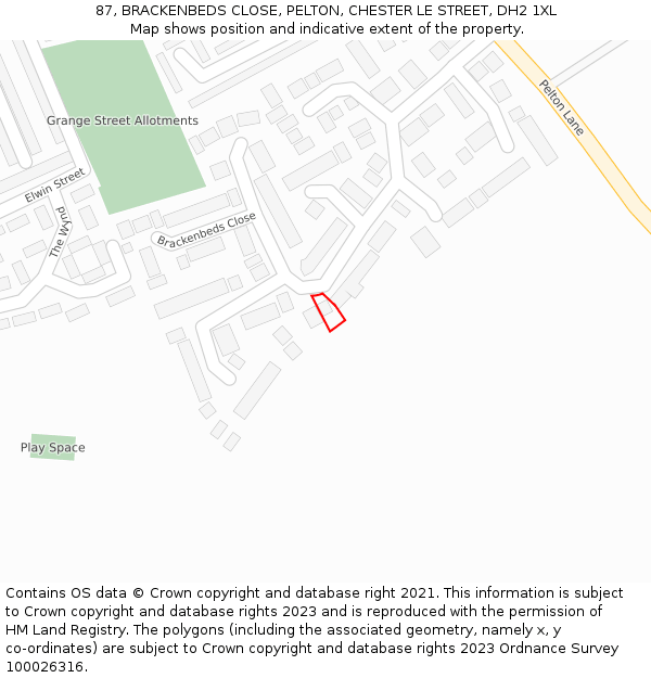 87, BRACKENBEDS CLOSE, PELTON, CHESTER LE STREET, DH2 1XL: Location map and indicative extent of plot