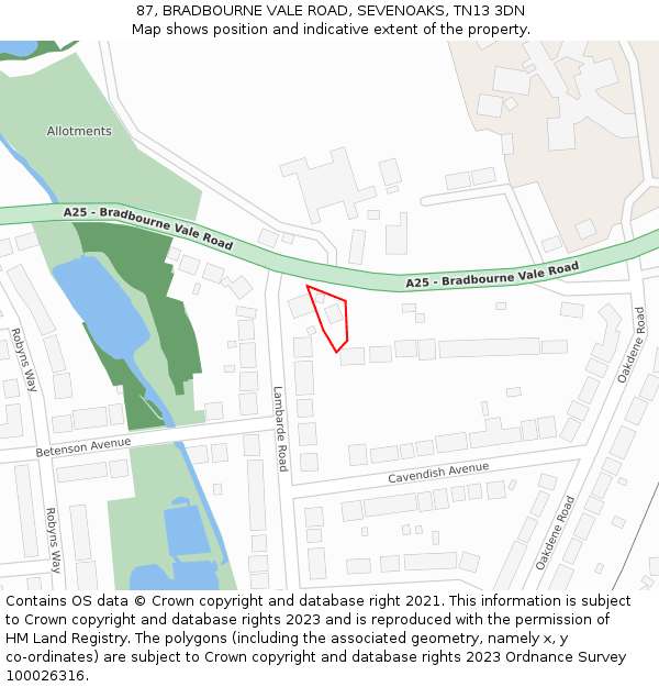 87, BRADBOURNE VALE ROAD, SEVENOAKS, TN13 3DN: Location map and indicative extent of plot