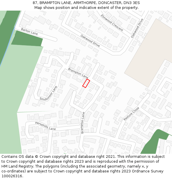 87, BRAMPTON LANE, ARMTHORPE, DONCASTER, DN3 3ES: Location map and indicative extent of plot