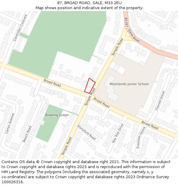 87, BROAD ROAD, SALE, M33 2EU: Location map and indicative extent of plot