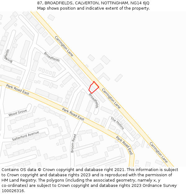 87, BROADFIELDS, CALVERTON, NOTTINGHAM, NG14 6JQ: Location map and indicative extent of plot