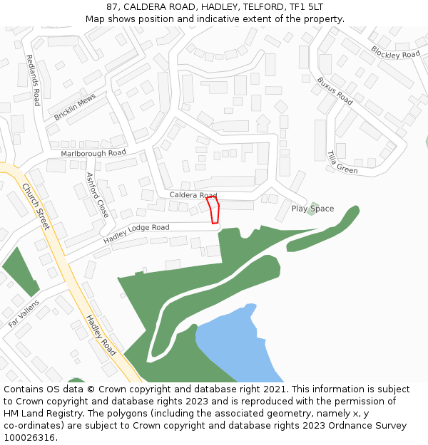 87, CALDERA ROAD, HADLEY, TELFORD, TF1 5LT: Location map and indicative extent of plot