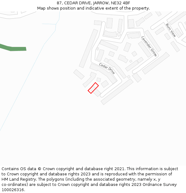 87, CEDAR DRIVE, JARROW, NE32 4BF: Location map and indicative extent of plot