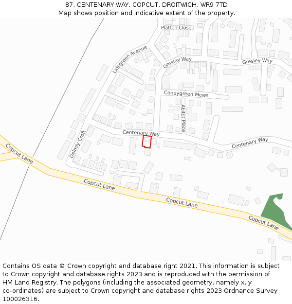 87, CENTENARY WAY, COPCUT, DROITWICH, WR9 7TD: Location map and indicative extent of plot