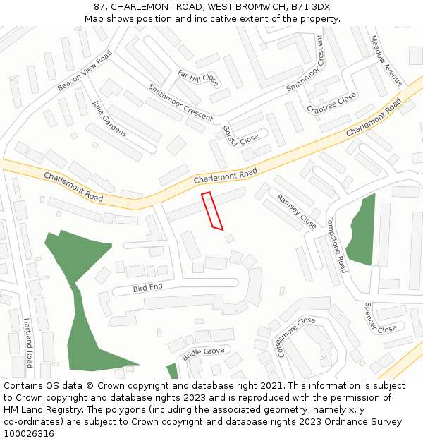 87, CHARLEMONT ROAD, WEST BROMWICH, B71 3DX: Location map and indicative extent of plot